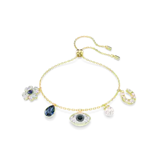 Bracelet Symbolica, Perle de cristal, Trèfle à quatre feuilles, œil porte-bonheur et fer à cheval, Bleu, Placage de ton or