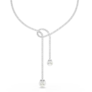 Collier en Y Matrix, Perle de cristal, Taille ronde, Blanc, Métal rhodié