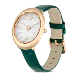 Montre Imber oval, Fabriqué en Suisse, Bracelet en cuir, Verte, Finition or rose