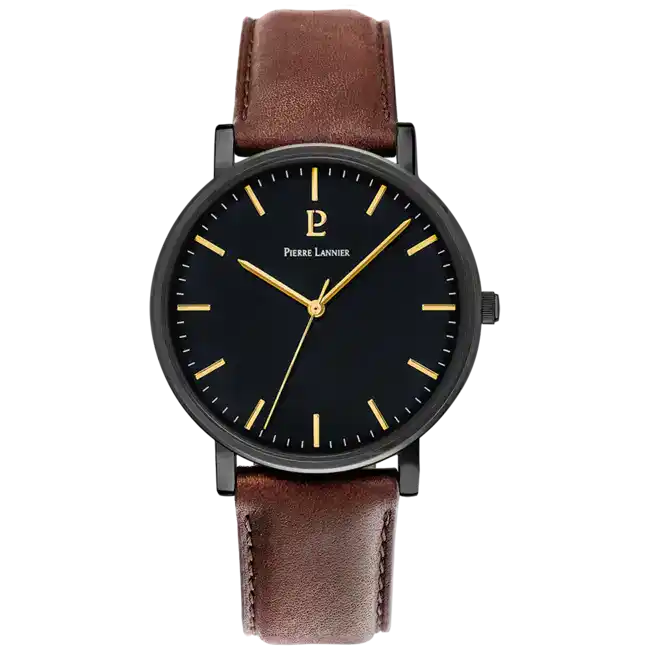 Montre Homme ESSENTIAL Cadran Noir Bracelet Cuir  Brun