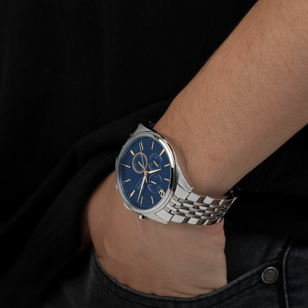 Montre Homme TIMELESS CHRONOGRAPH bracelet acier inoxydable argenté cadran bleu F20285/3