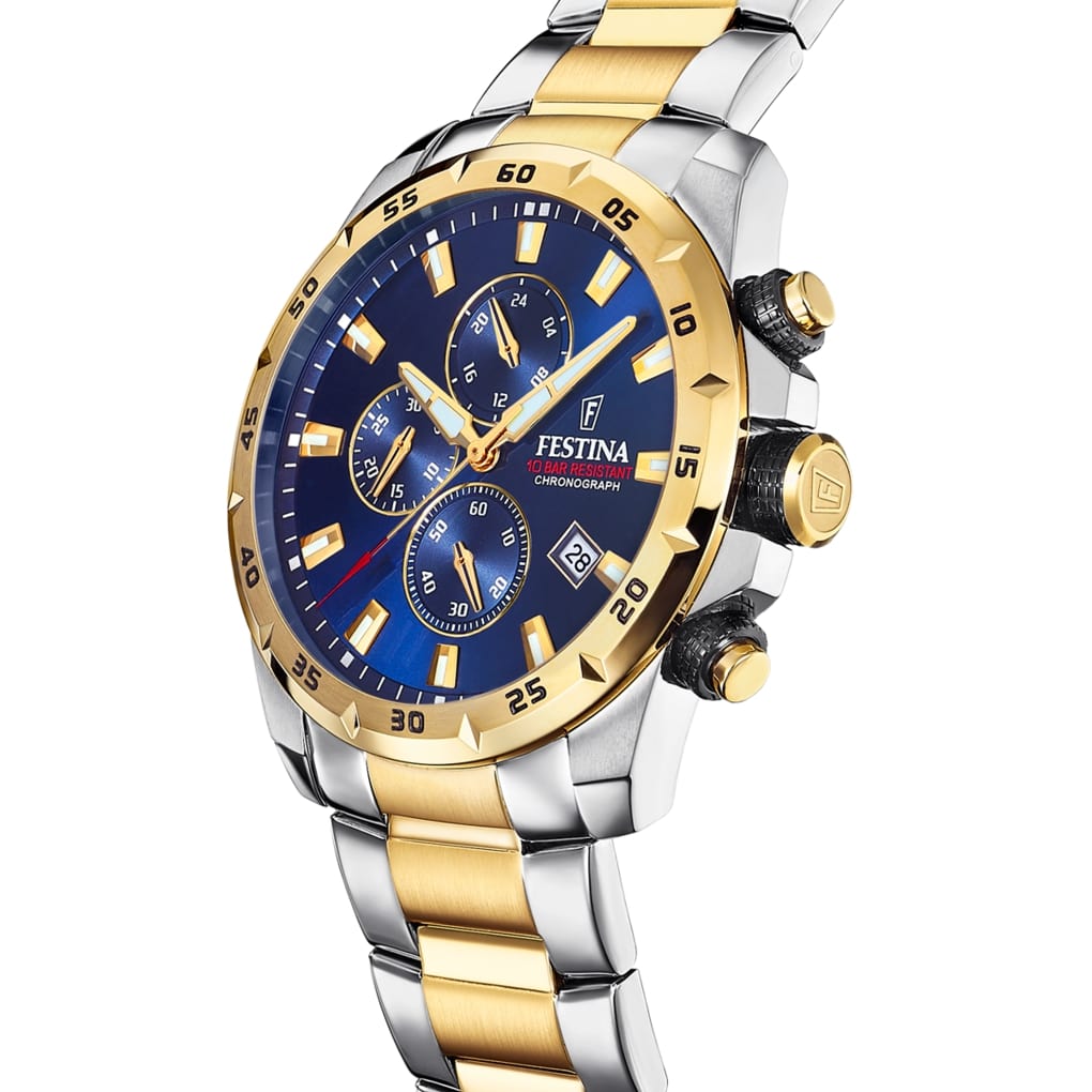 Montre Homme TIMELESS CHRONOGRAPH bracelet acier inoxydable argenté et doré cadran bleu F20562/2