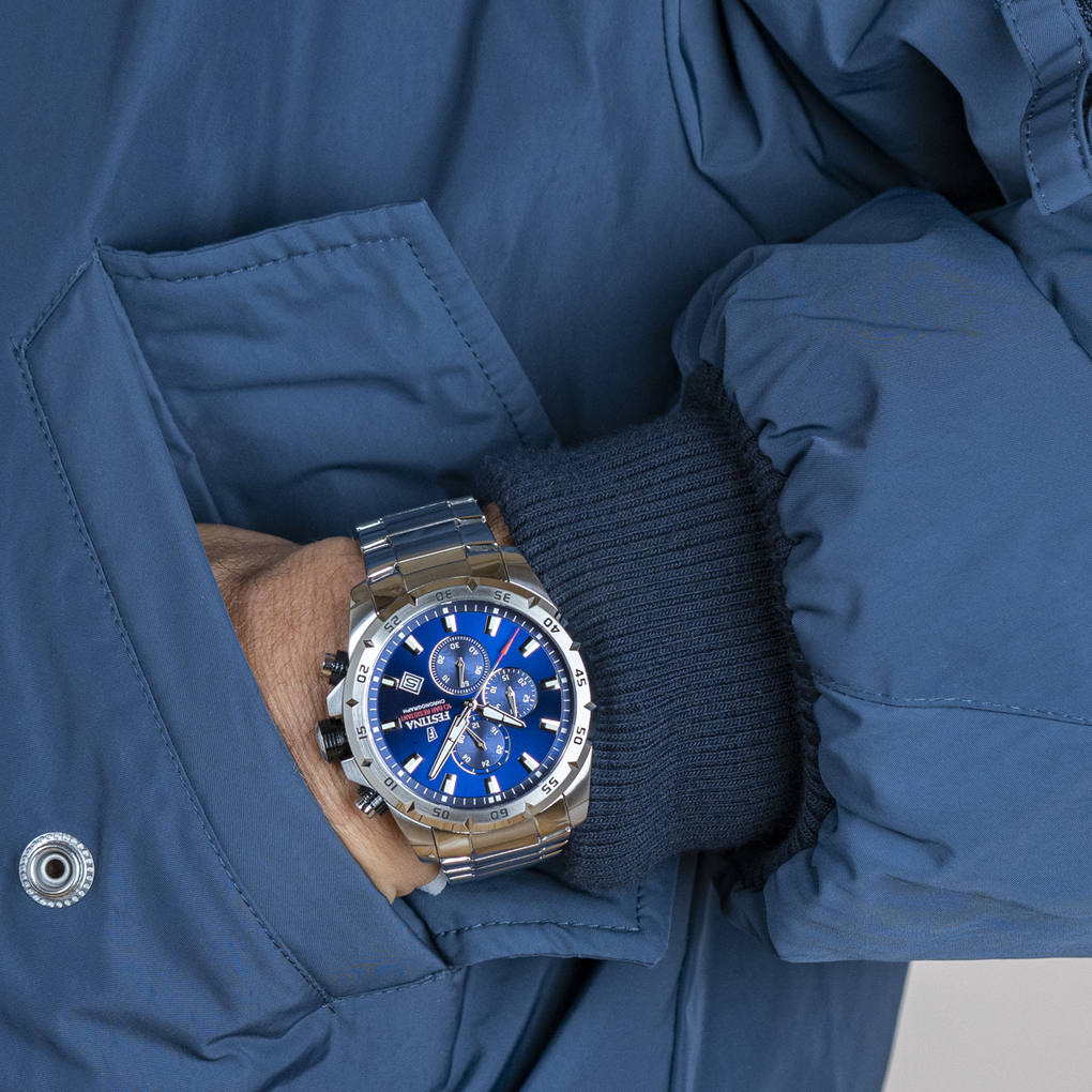 Montre Homme TIMELESS CHRONOGRAPH bracelet acier inoxidable argenté cadran bleu F20463/2