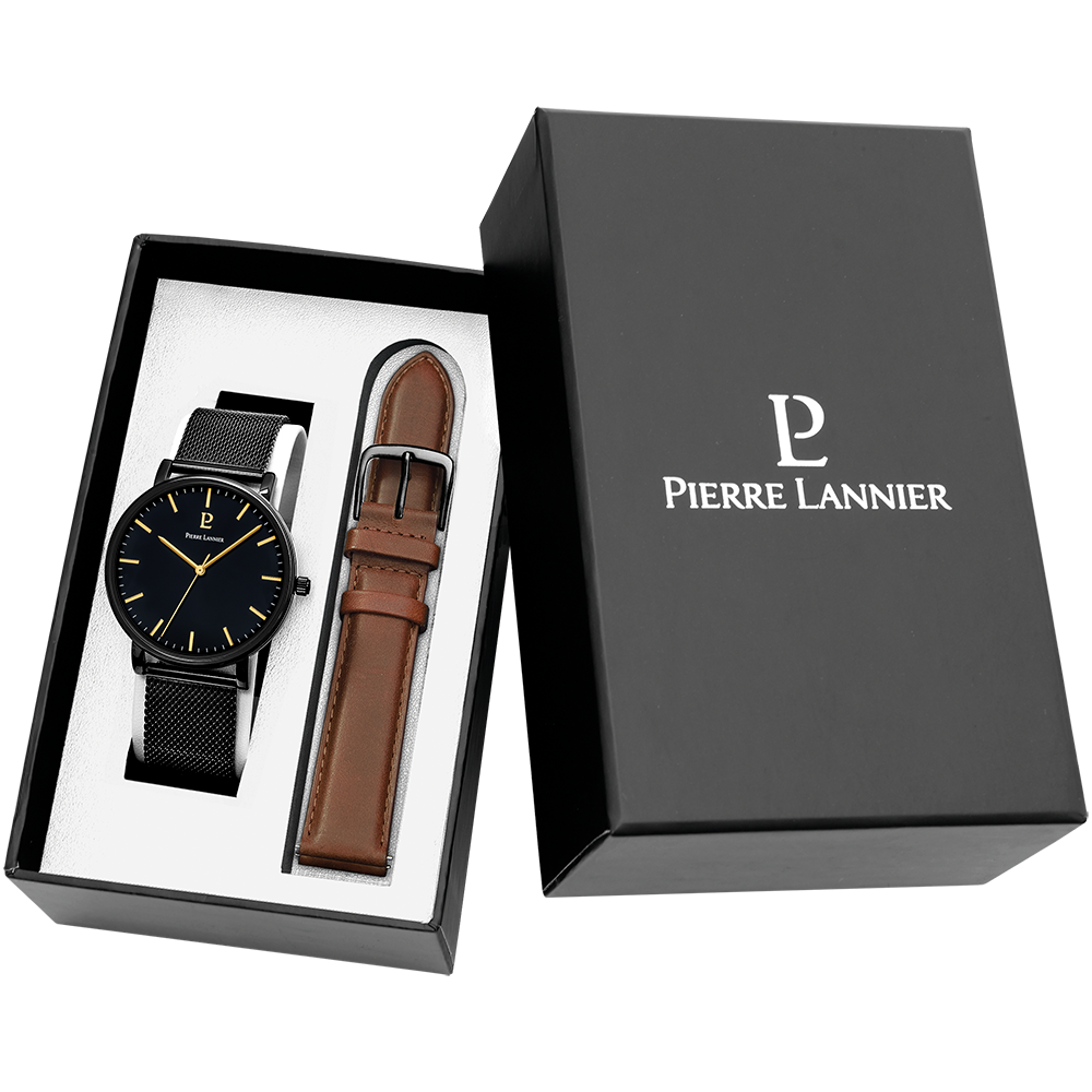 Coffret Homme ESSENTIAL Cadran Noir Bracelet Cuir  Brun